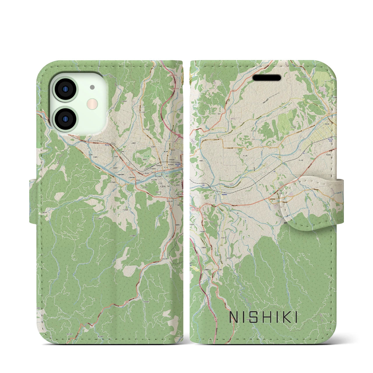 【錦】地図柄iPhoneケース（手帳両面タイプ・ナチュラル）iPhone 12 mini 用