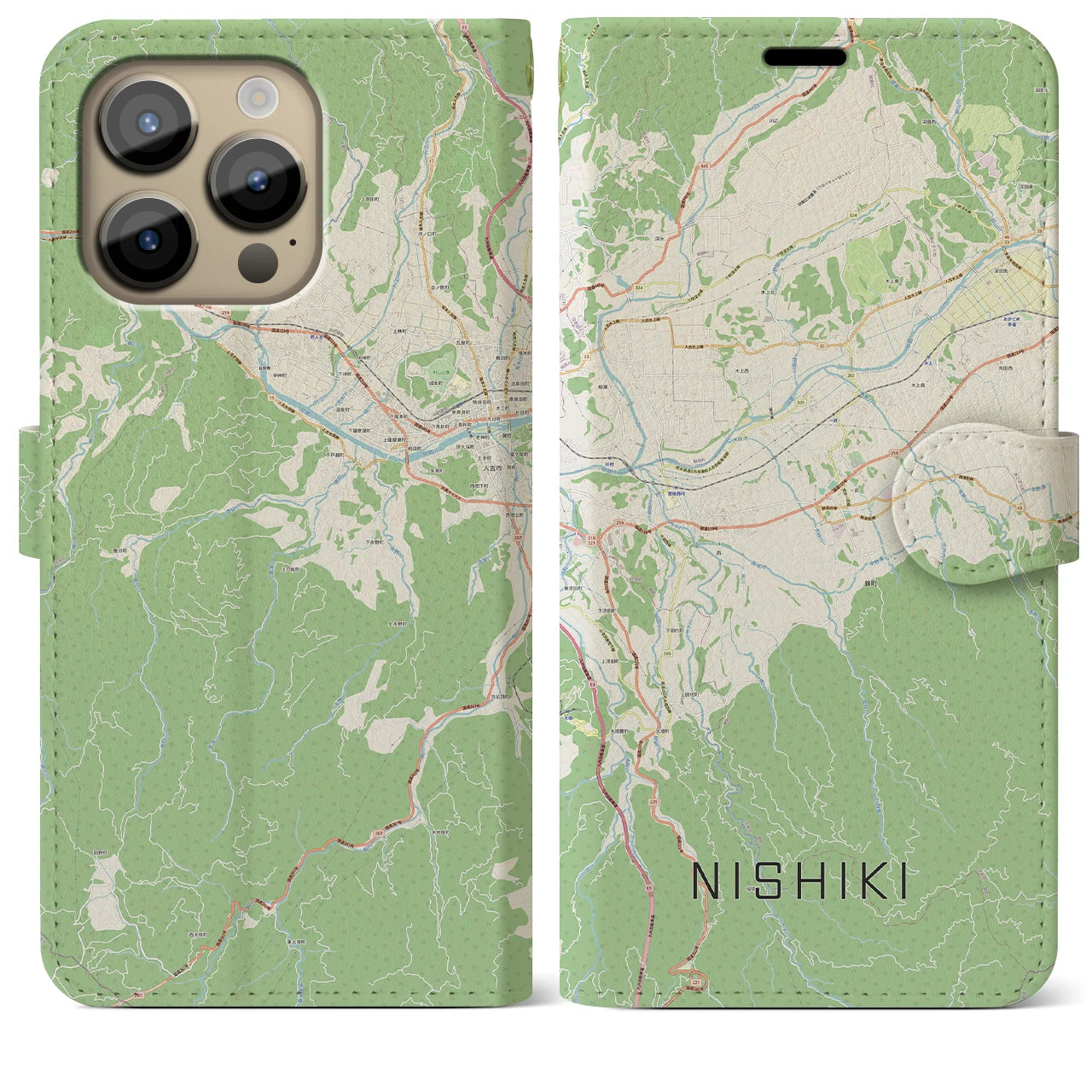 【錦】地図柄iPhoneケース（手帳両面タイプ・ナチュラル）iPhone 14 Pro Max 用