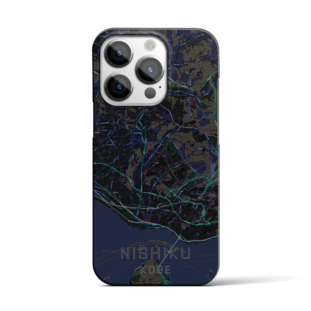 【西区（神戸市）】地図柄iPhoneケース（バックカバータイプ・ブラック）iPhone 14 Pro 用