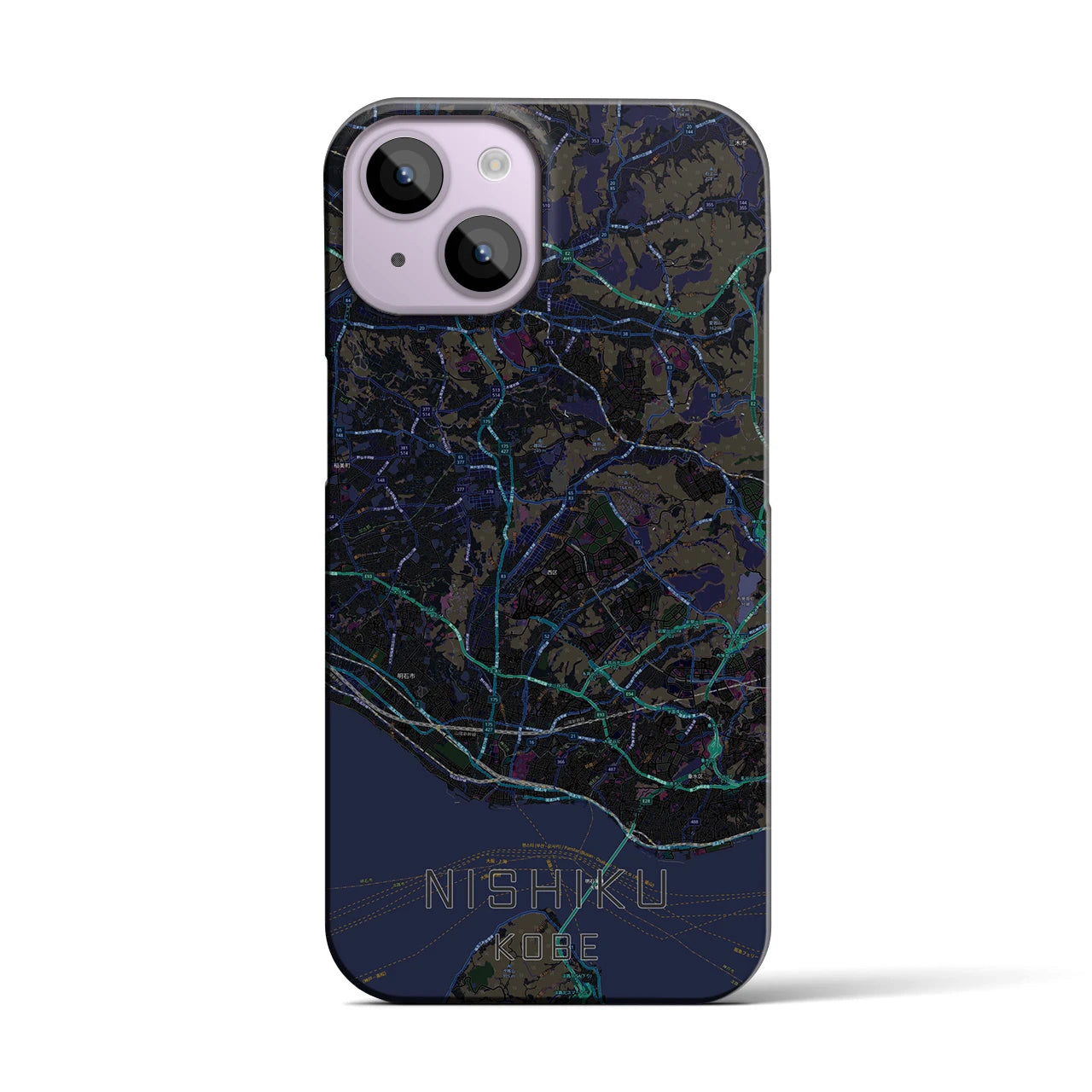 【西区（神戸市）】地図柄iPhoneケース（バックカバータイプ・ブラック）iPhone 14 用
