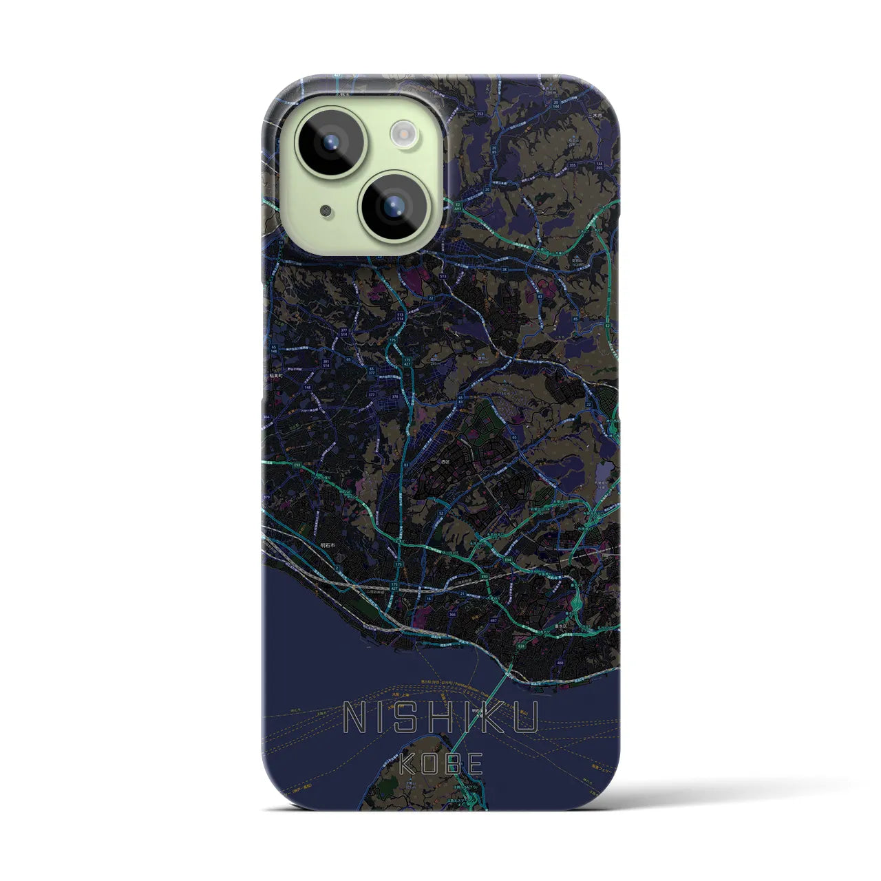 【西区（神戸市）】地図柄iPhoneケース（バックカバータイプ・ブラック）iPhone 15 用
