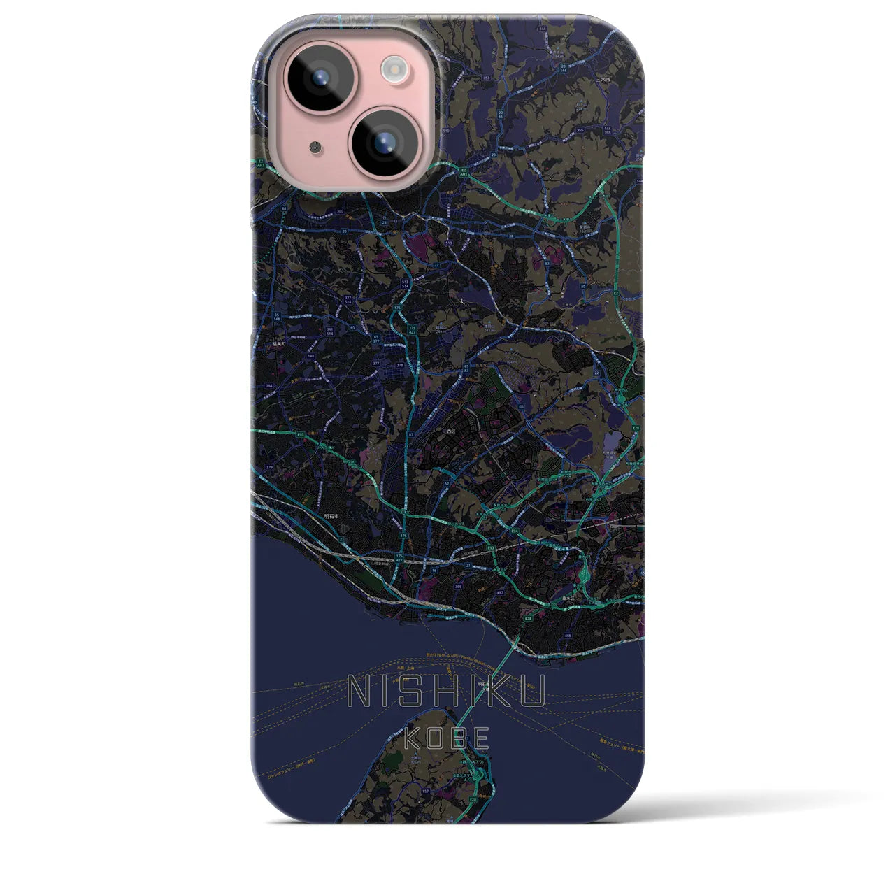 【西区（神戸市）】地図柄iPhoneケース（バックカバータイプ・ブラック）iPhone 15 Plus 用
