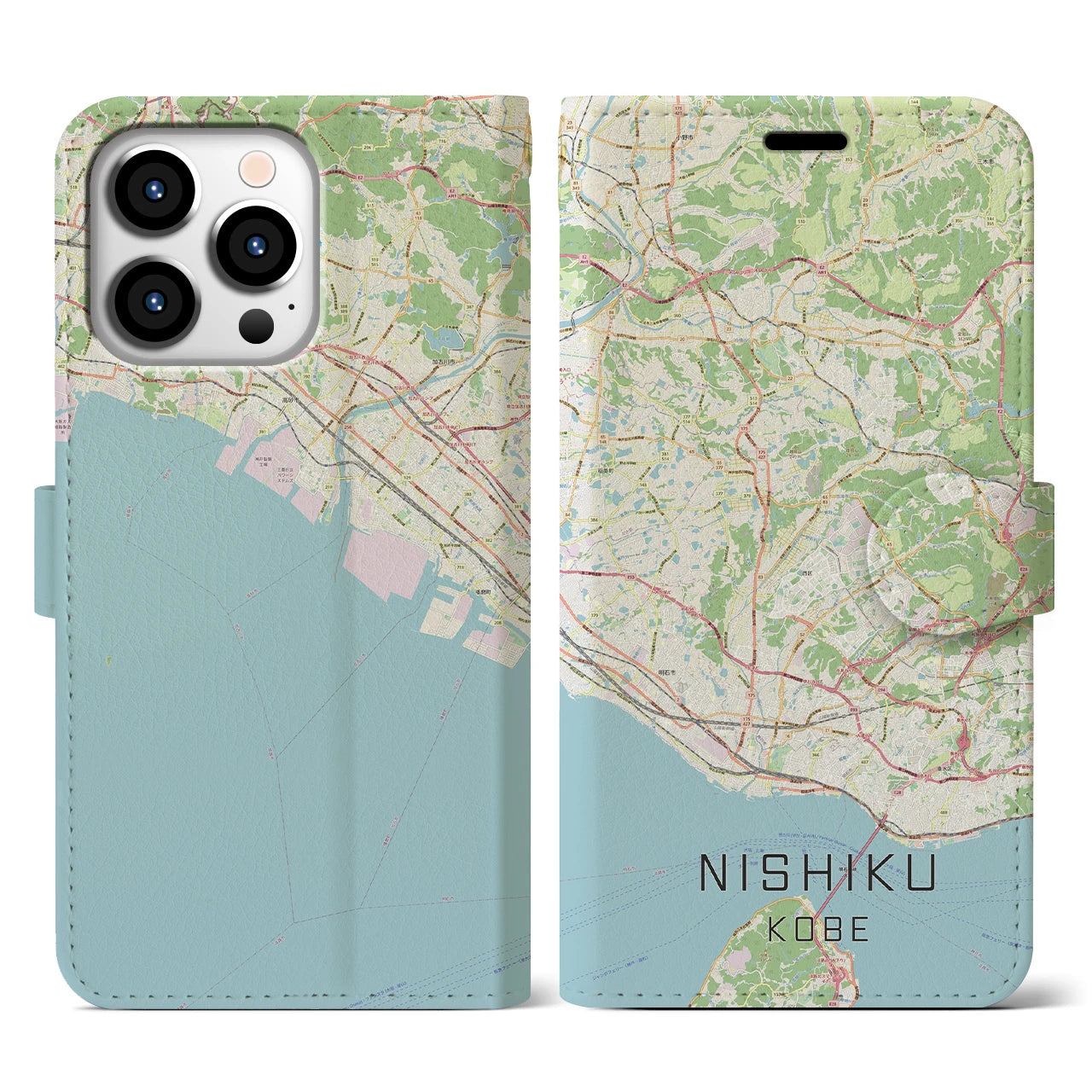 【西区（神戸市）】地図柄iPhoneケース（手帳両面タイプ・ナチュラル）iPhone 13 Pro 用