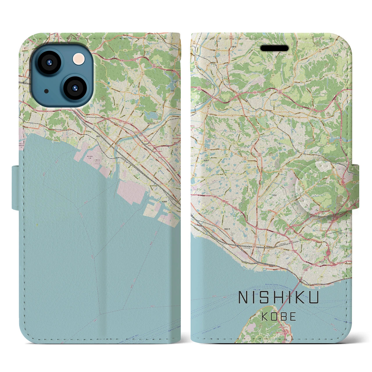 【西区（神戸市）】地図柄iPhoneケース（手帳両面タイプ・ナチュラル）iPhone 13 用