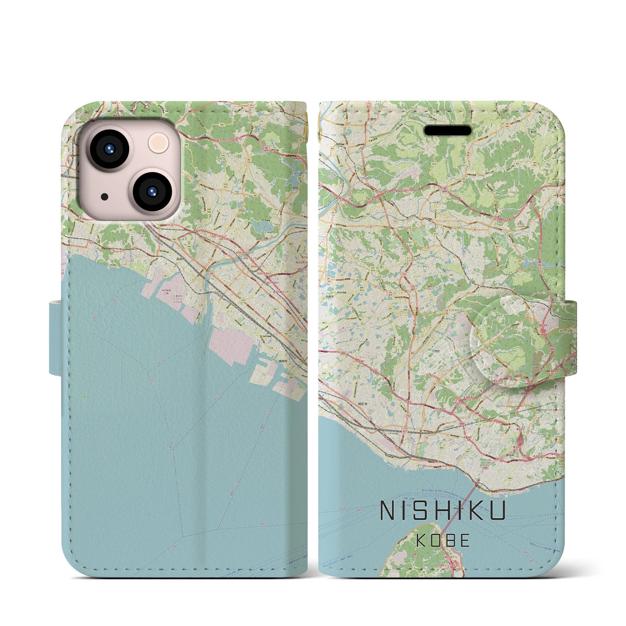 【西区（神戸市）】地図柄iPhoneケース（手帳両面タイプ・ナチュラル）iPhone 13 mini 用