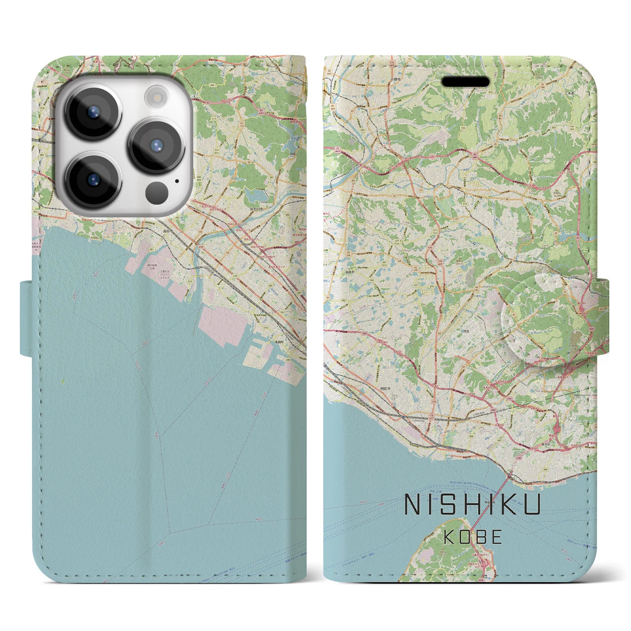 【西区（神戸市）】地図柄iPhoneケース（手帳両面タイプ・ナチュラル）iPhone 14 Pro 用
