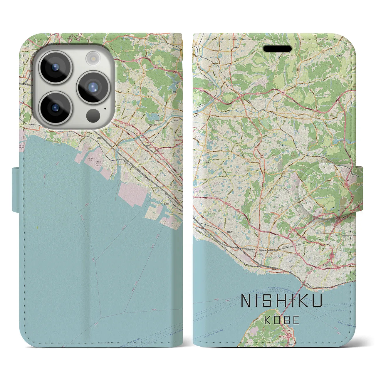 【西区（神戸市）】地図柄iPhoneケース（手帳両面タイプ・ナチュラル）iPhone 15 Pro 用