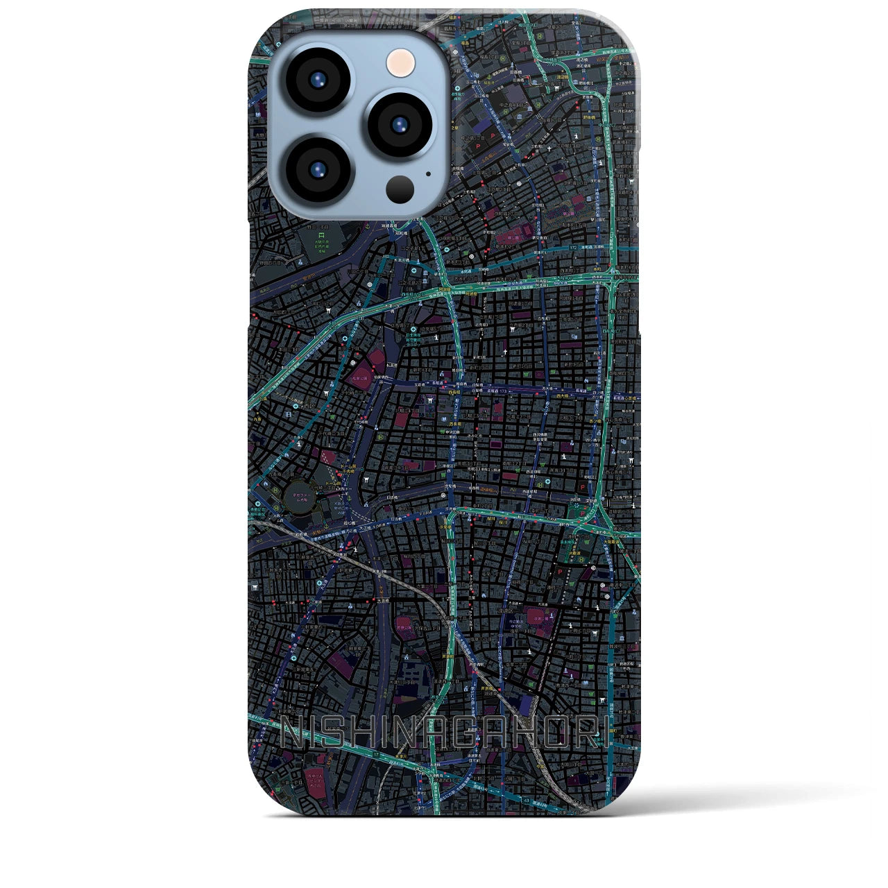 【西長堀】地図柄iPhoneケース（バックカバータイプ・ブラック）iPhone 13 Pro Max 用