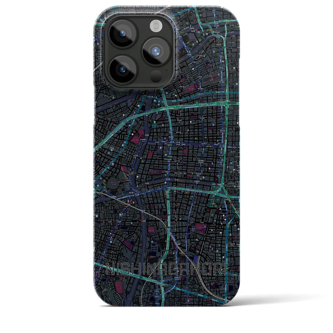 【西長堀】地図柄iPhoneケース（バックカバータイプ・ブラック）iPhone 15 Pro Max 用