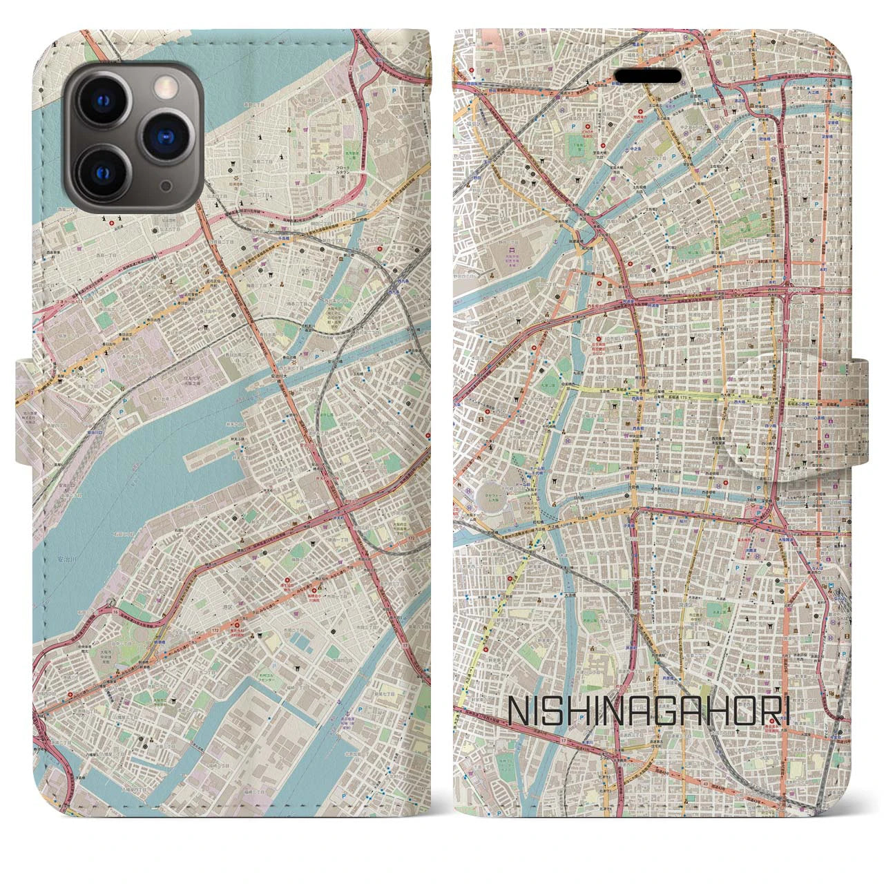 【西長堀】地図柄iPhoneケース（手帳両面タイプ・ナチュラル）iPhone 11 Pro Max 用