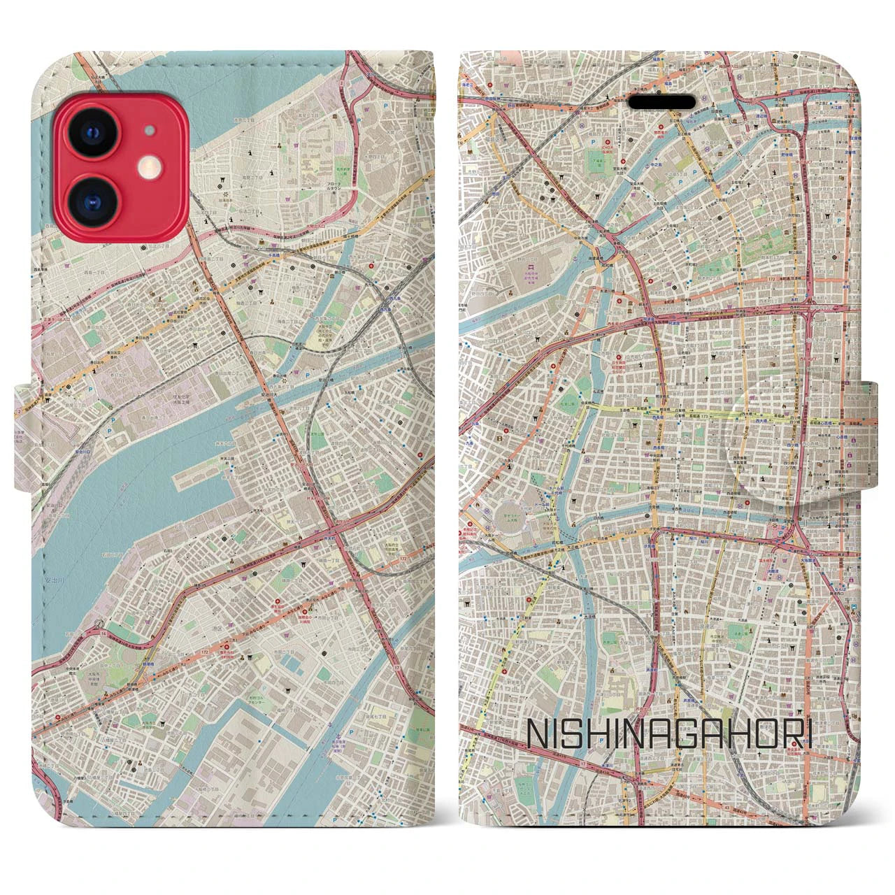 【西長堀】地図柄iPhoneケース（手帳両面タイプ・ナチュラル）iPhone 11 用