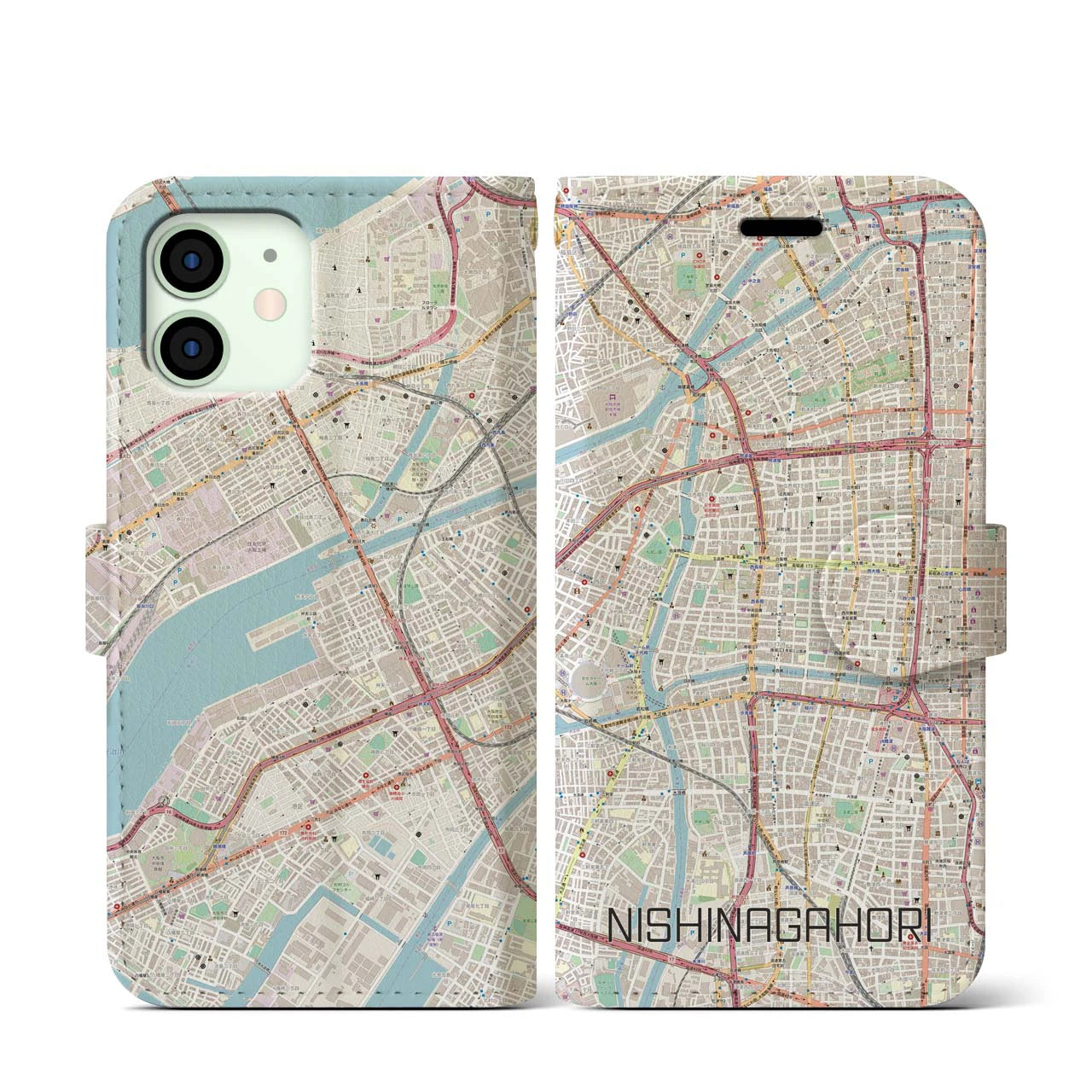 【西長堀】地図柄iPhoneケース（手帳両面タイプ・ナチュラル）iPhone 12 mini 用