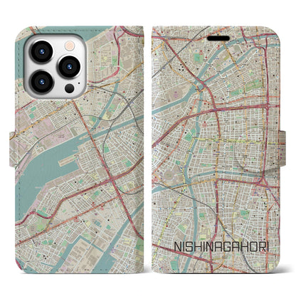 【西長堀（大阪府）】地図柄iPhoneケース（手帳タイプ）ナチュラル・iPhone 13 Pro 用
