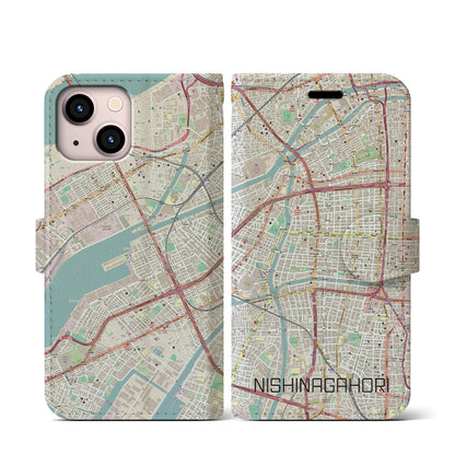 【西長堀（大阪府）】地図柄iPhoneケース（手帳タイプ）ナチュラル・iPhone 13 mini 用