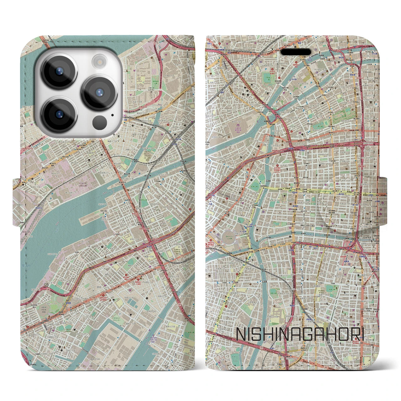 【西長堀】地図柄iPhoneケース（手帳両面タイプ・ナチュラル）iPhone 14 Pro 用
