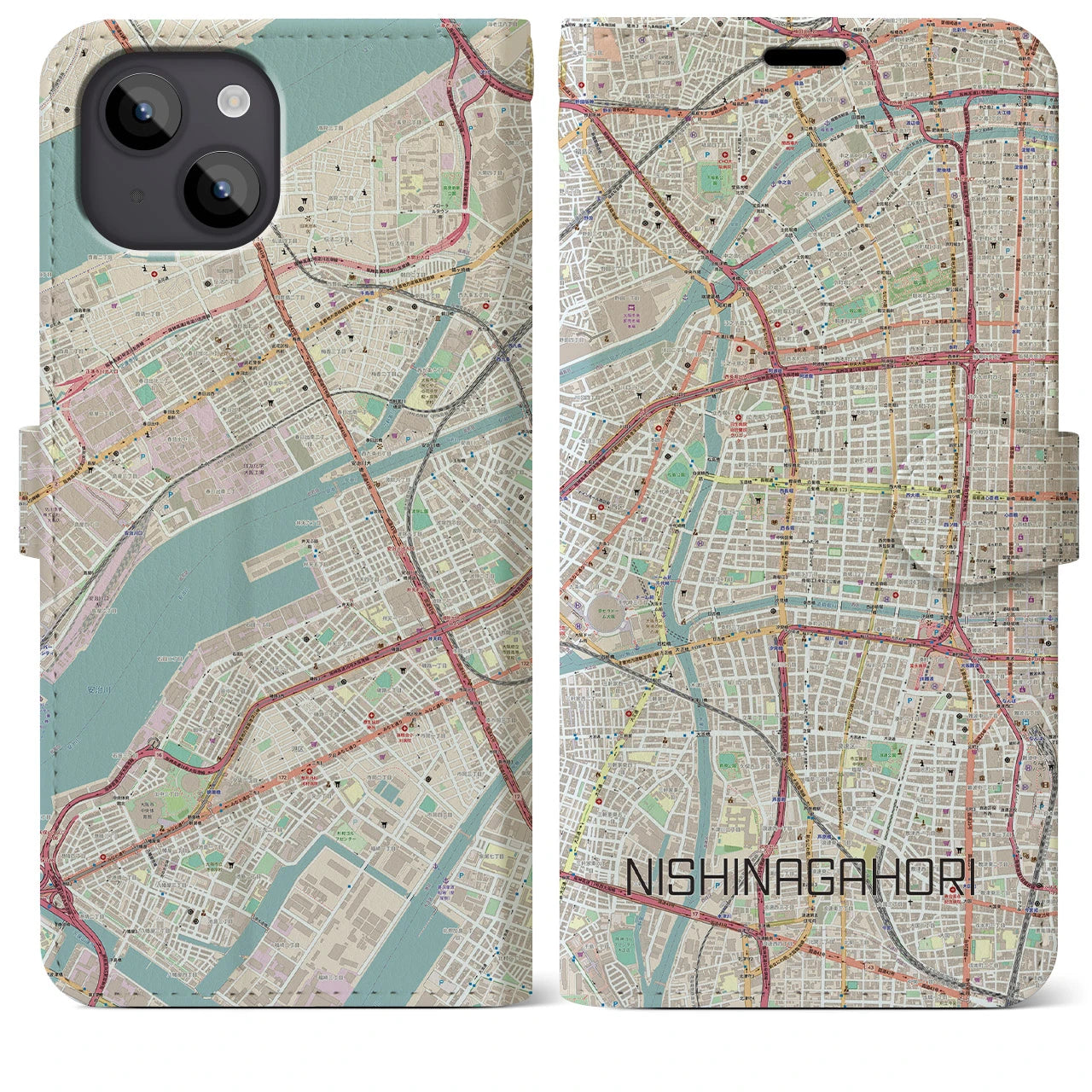【西長堀】地図柄iPhoneケース（手帳両面タイプ・ナチュラル）iPhone 14 Plus 用