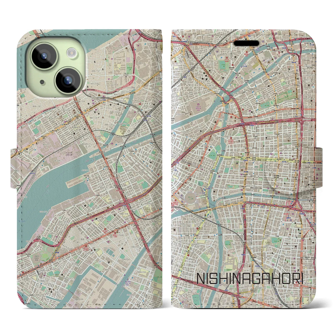 【西長堀】地図柄iPhoneケース（手帳両面タイプ・ナチュラル）iPhone 15 用