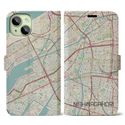 【西長堀（大阪府）】地図柄iPhoneケース（手帳タイプ）ナチュラル・iPhone 15 用