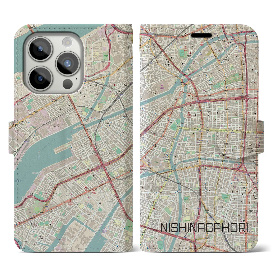 【西長堀】地図柄iPhoneケース（手帳両面タイプ・ナチュラル）iPhone 15 Pro 用