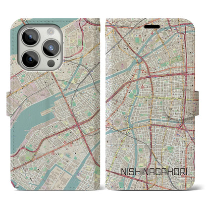 【西長堀（大阪府）】地図柄iPhoneケース（手帳タイプ）ナチュラル・iPhone 15 Pro 用