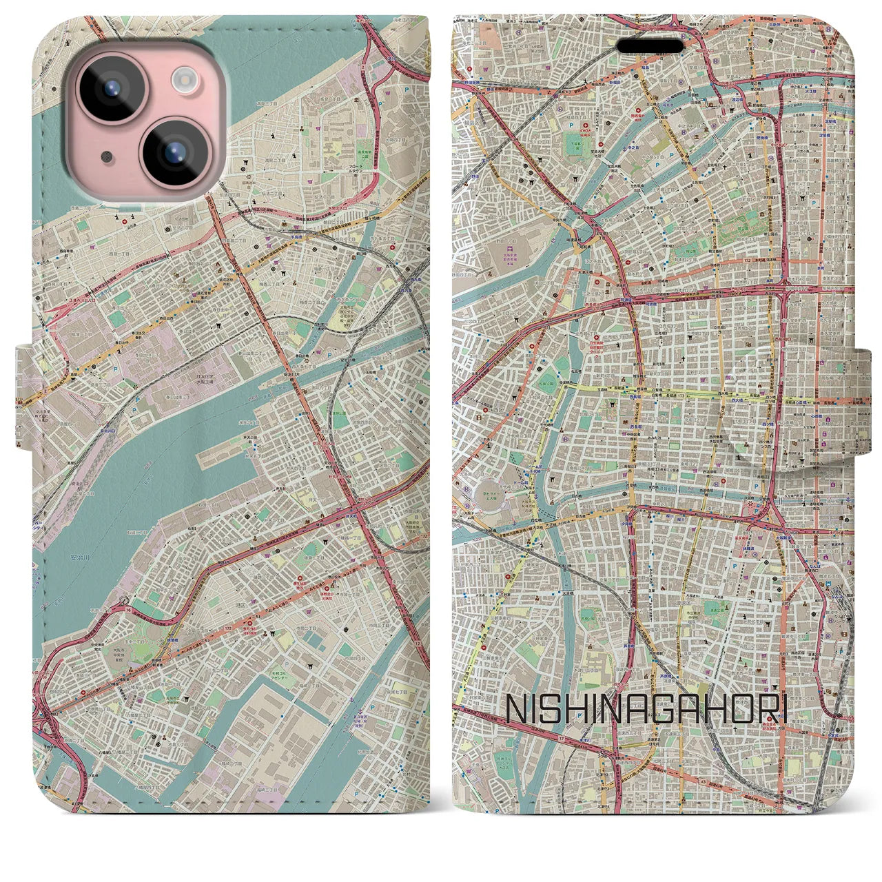 【西長堀】地図柄iPhoneケース（手帳両面タイプ・ナチュラル）iPhone 15 Plus 用