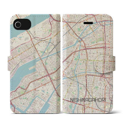 【西長堀（大阪府）】地図柄iPhoneケース（手帳タイプ）ナチュラル・iPhone SE（第3 / 第2世代） / 8 / 7 / 6s / 6 用