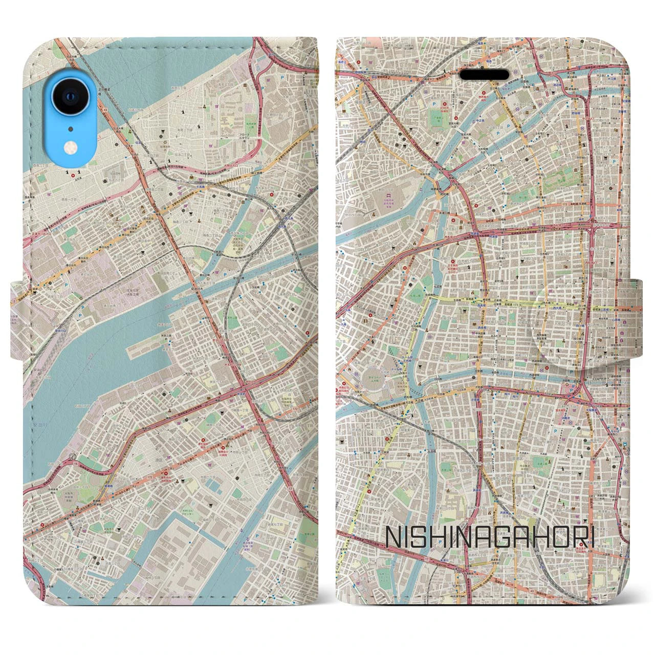 【西長堀】地図柄iPhoneケース（手帳両面タイプ・ナチュラル）iPhone XR 用