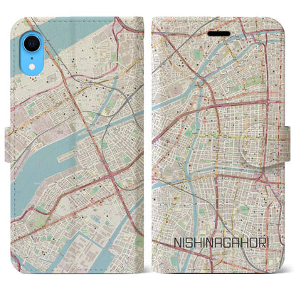【西長堀（大阪府）】地図柄iPhoneケース（手帳タイプ）ナチュラル・iPhone XR 用