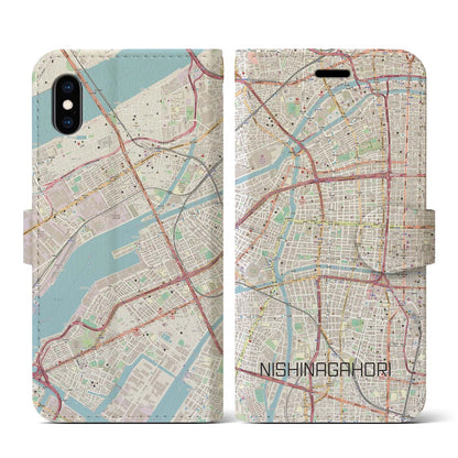 【西長堀（大阪府）】地図柄iPhoneケース（手帳タイプ）ナチュラル・iPhone XS / X 用
