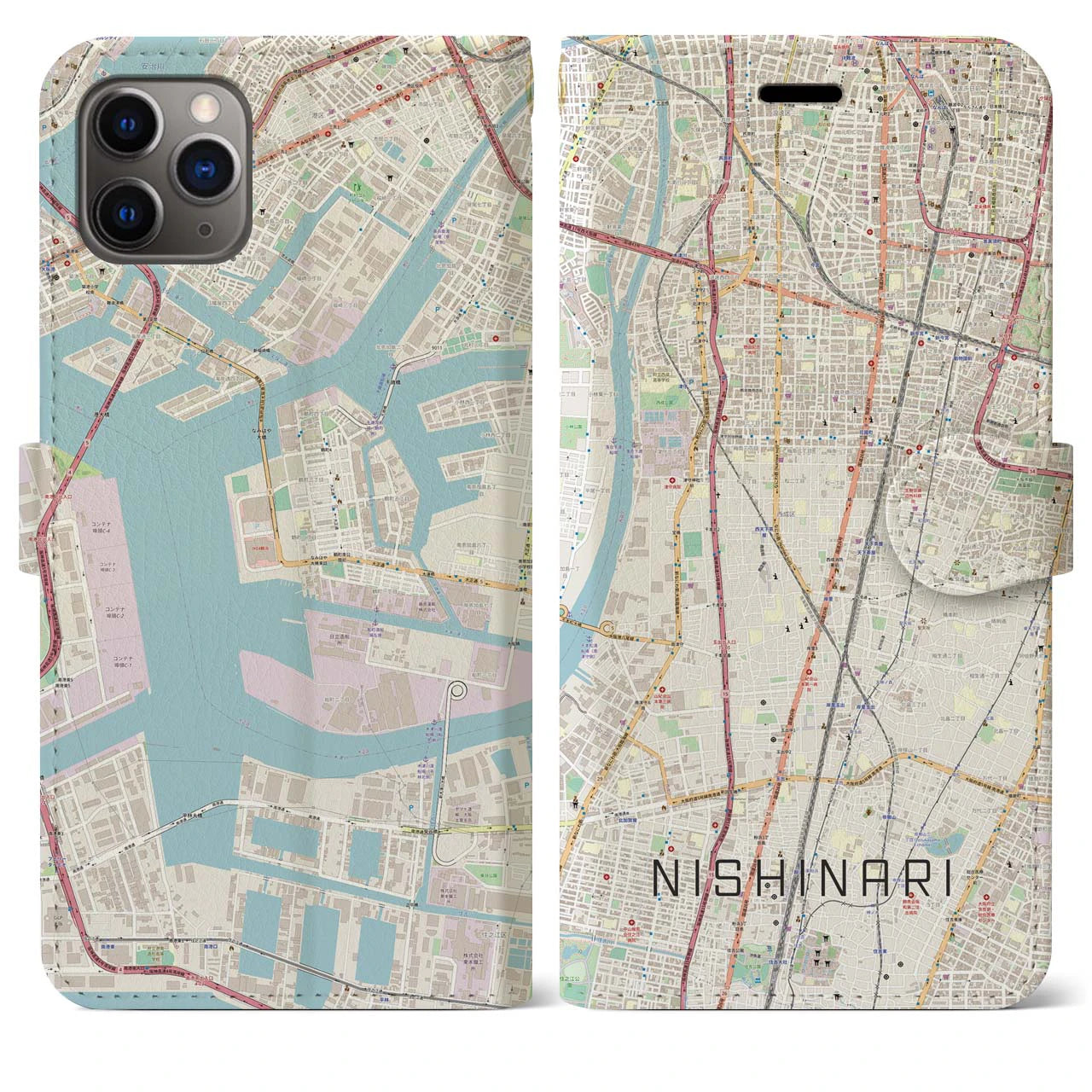 【西成】地図柄iPhoneケース（手帳両面タイプ・ナチュラル）iPhone 11 Pro Max 用