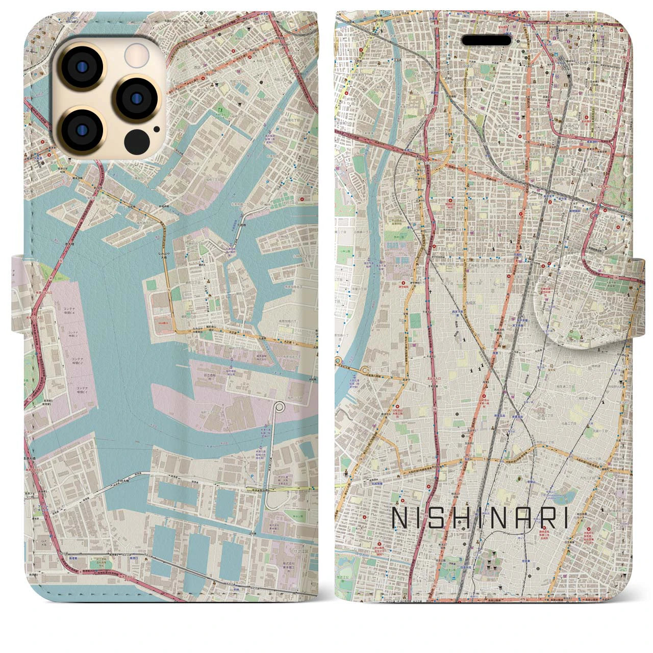 【西成】地図柄iPhoneケース（手帳両面タイプ・ナチュラル）iPhone 12 Pro Max 用