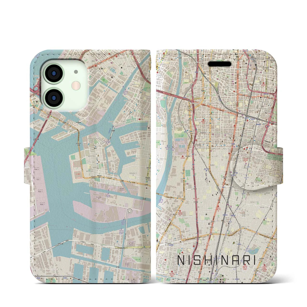【西成】地図柄iPhoneケース（手帳両面タイプ・ナチュラル）iPhone 12 mini 用