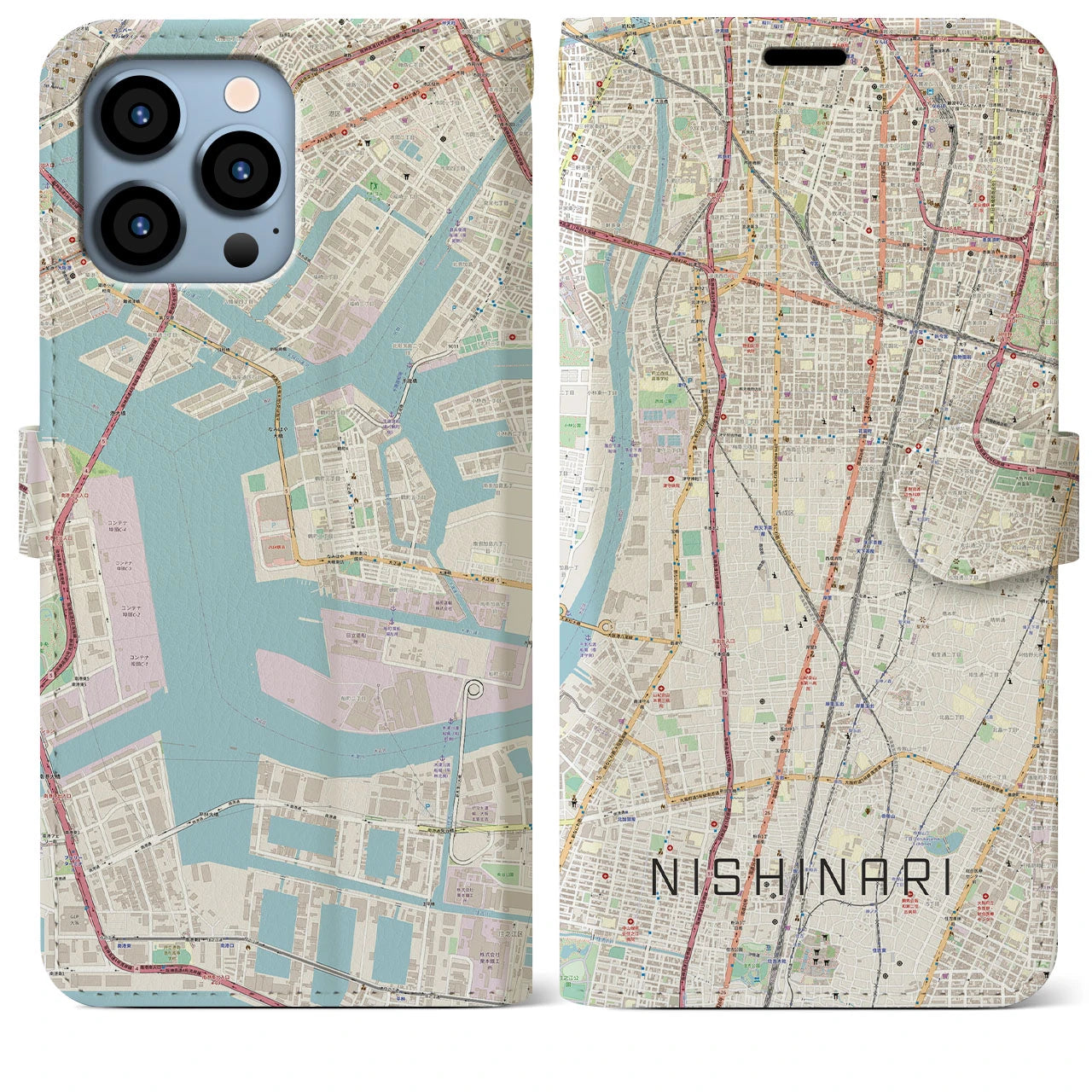 【西成】地図柄iPhoneケース（手帳両面タイプ・ナチュラル）iPhone 13 Pro Max 用