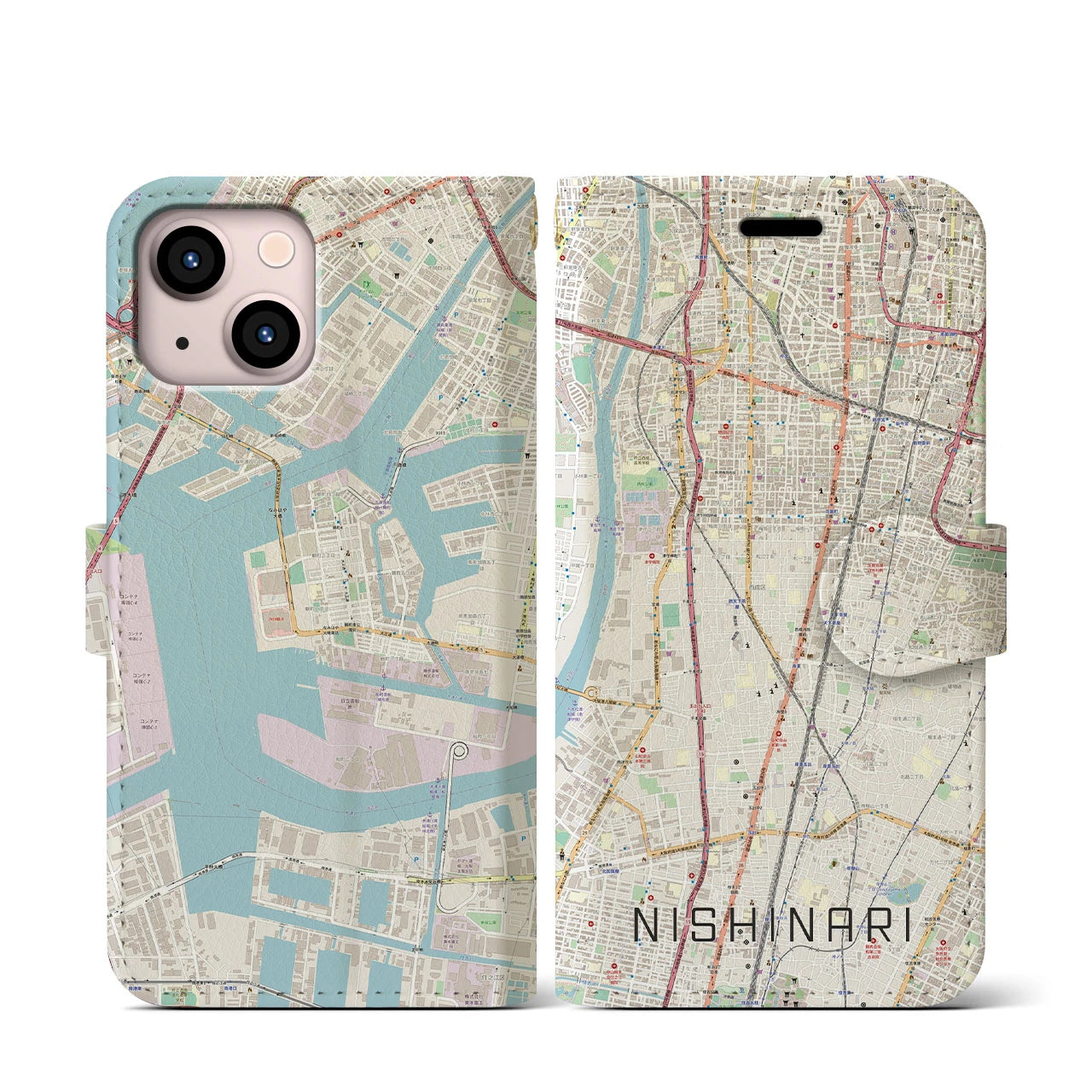 【西成】地図柄iPhoneケース（手帳両面タイプ・ナチュラル）iPhone 13 mini 用