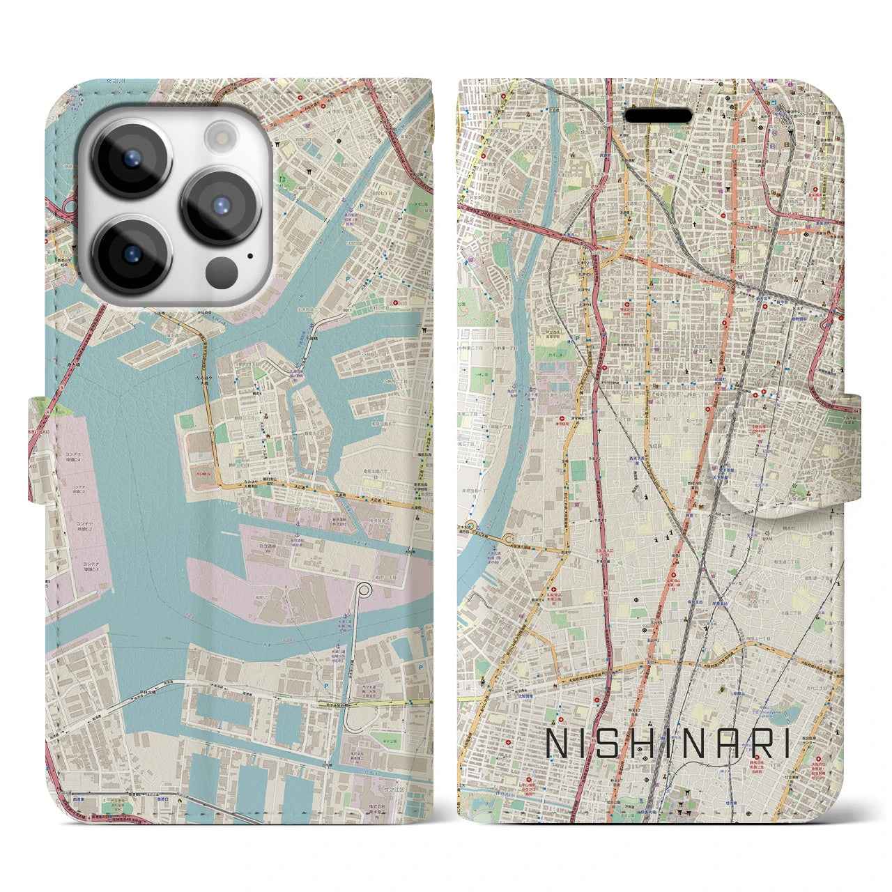 【西成】地図柄iPhoneケース（手帳両面タイプ・ナチュラル）iPhone 14 Pro 用
