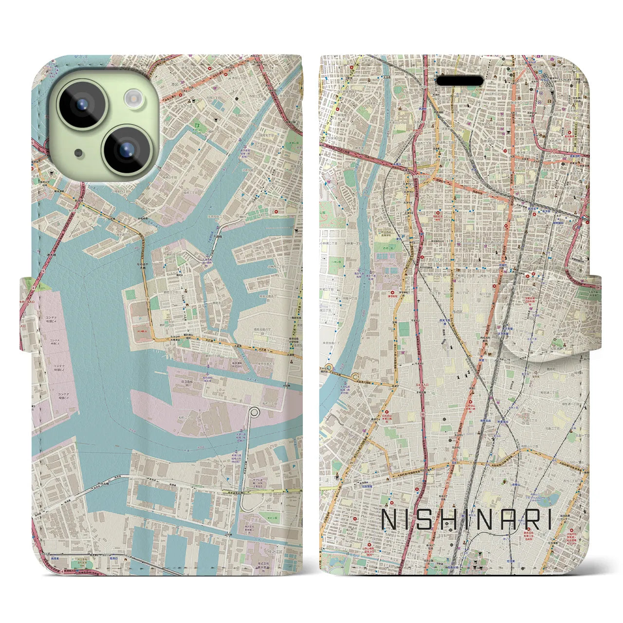 【西成】地図柄iPhoneケース（手帳両面タイプ・ナチュラル）iPhone 15 用