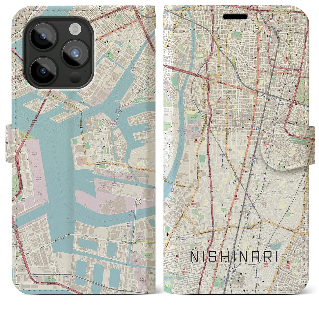 【西成】地図柄iPhoneケース（手帳両面タイプ・ナチュラル）iPhone 15 Pro Max 用
