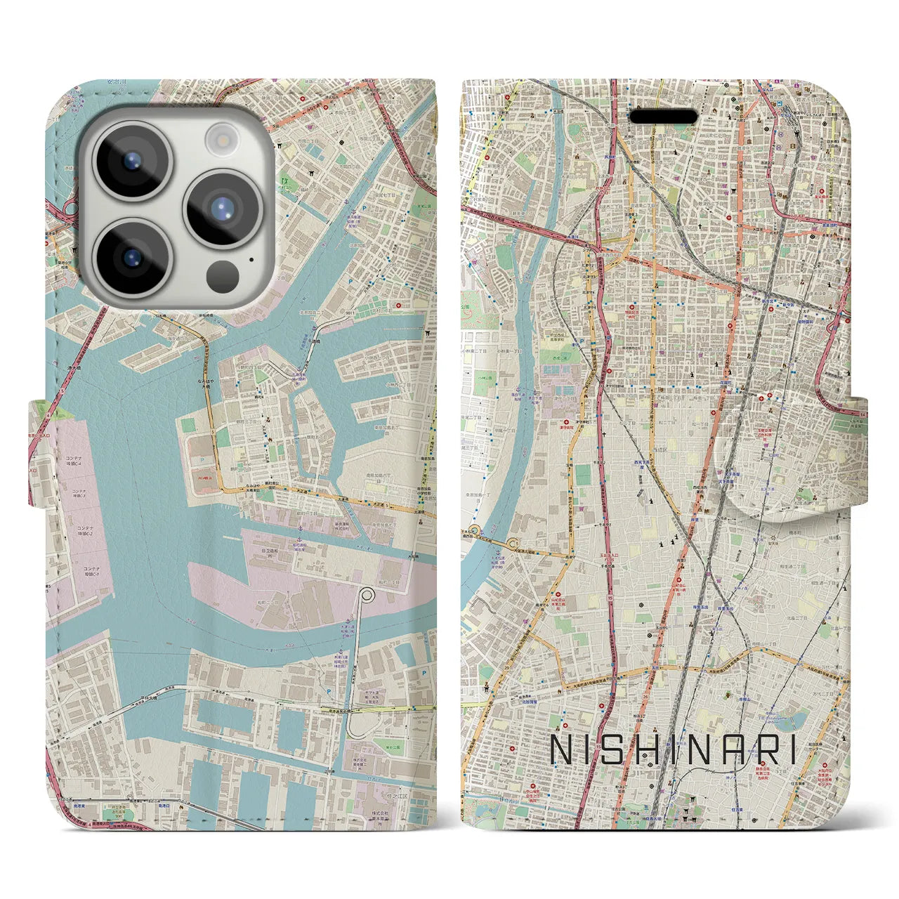 【西成】地図柄iPhoneケース（手帳両面タイプ・ナチュラル）iPhone 15 Pro 用