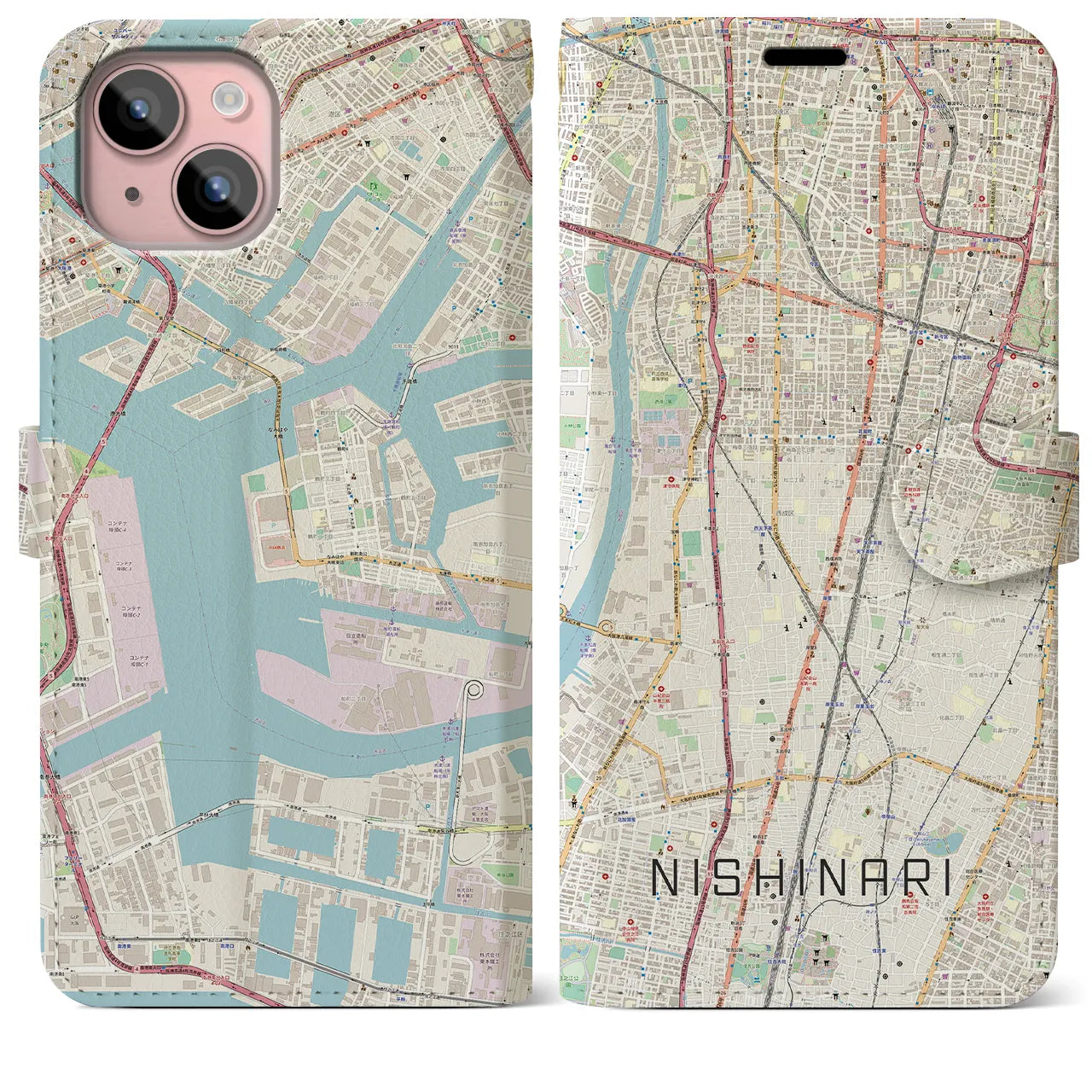 【西成】地図柄iPhoneケース（手帳両面タイプ・ナチュラル）iPhone 15 Plus 用