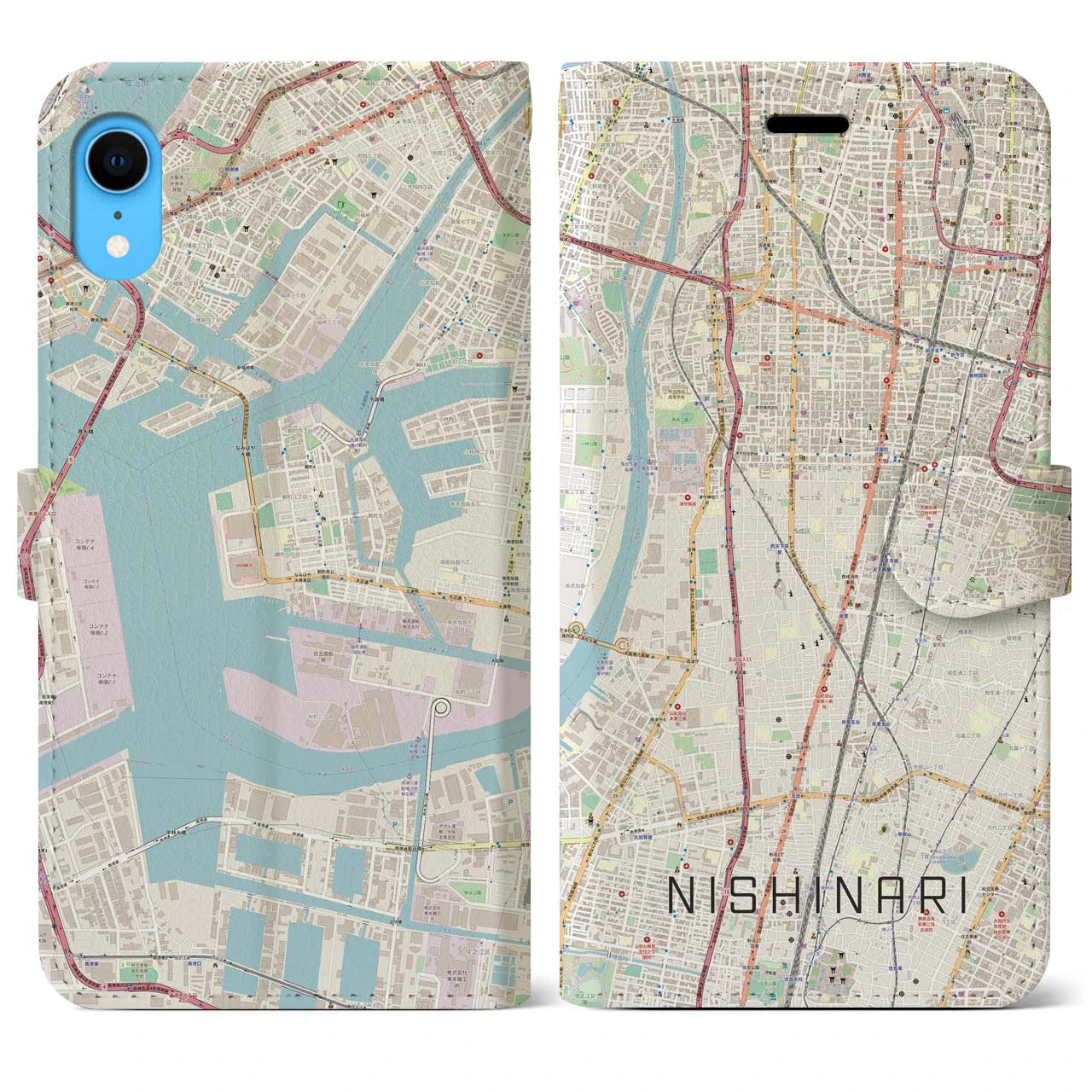 【西成】地図柄iPhoneケース（手帳両面タイプ・ナチュラル）iPhone XR 用