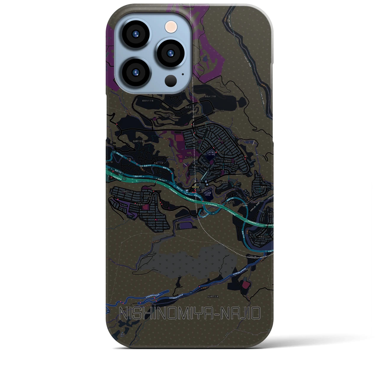 【西宮名塩】地図柄iPhoneケース（バックカバータイプ・ブラック）iPhone 13 Pro Max 用