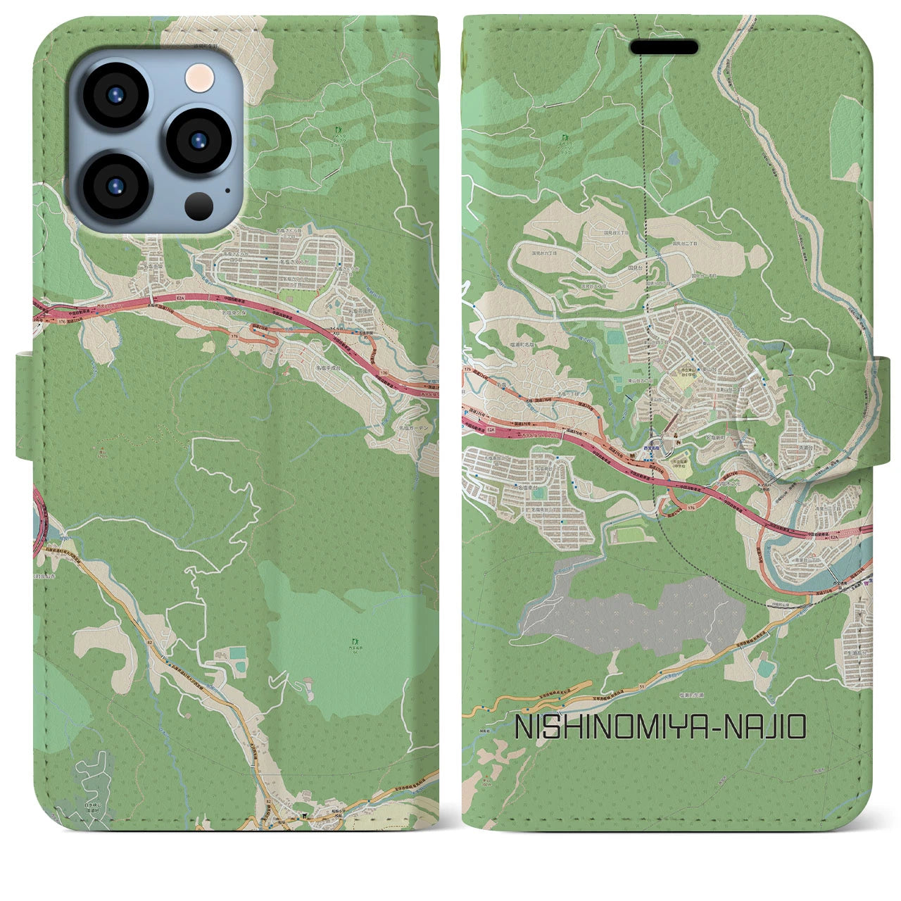 【西宮名塩】地図柄iPhoneケース（手帳両面タイプ・ナチュラル）iPhone 13 Pro Max 用