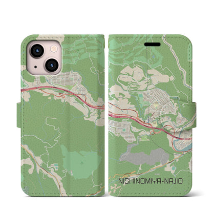 【西宮名塩（兵庫県）】地図柄iPhoneケース（手帳タイプ）ナチュラル・iPhone 13 mini 用