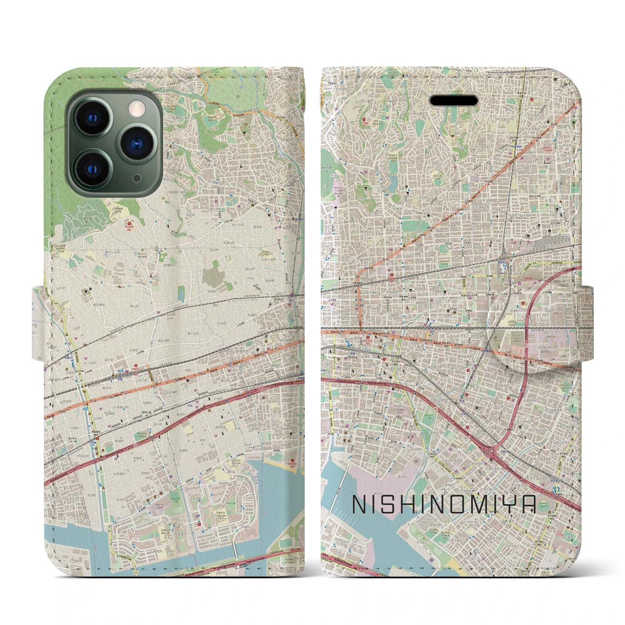 【西宮】地図柄iPhoneケース（手帳両面タイプ・ナチュラル）iPhone 11 Pro 用