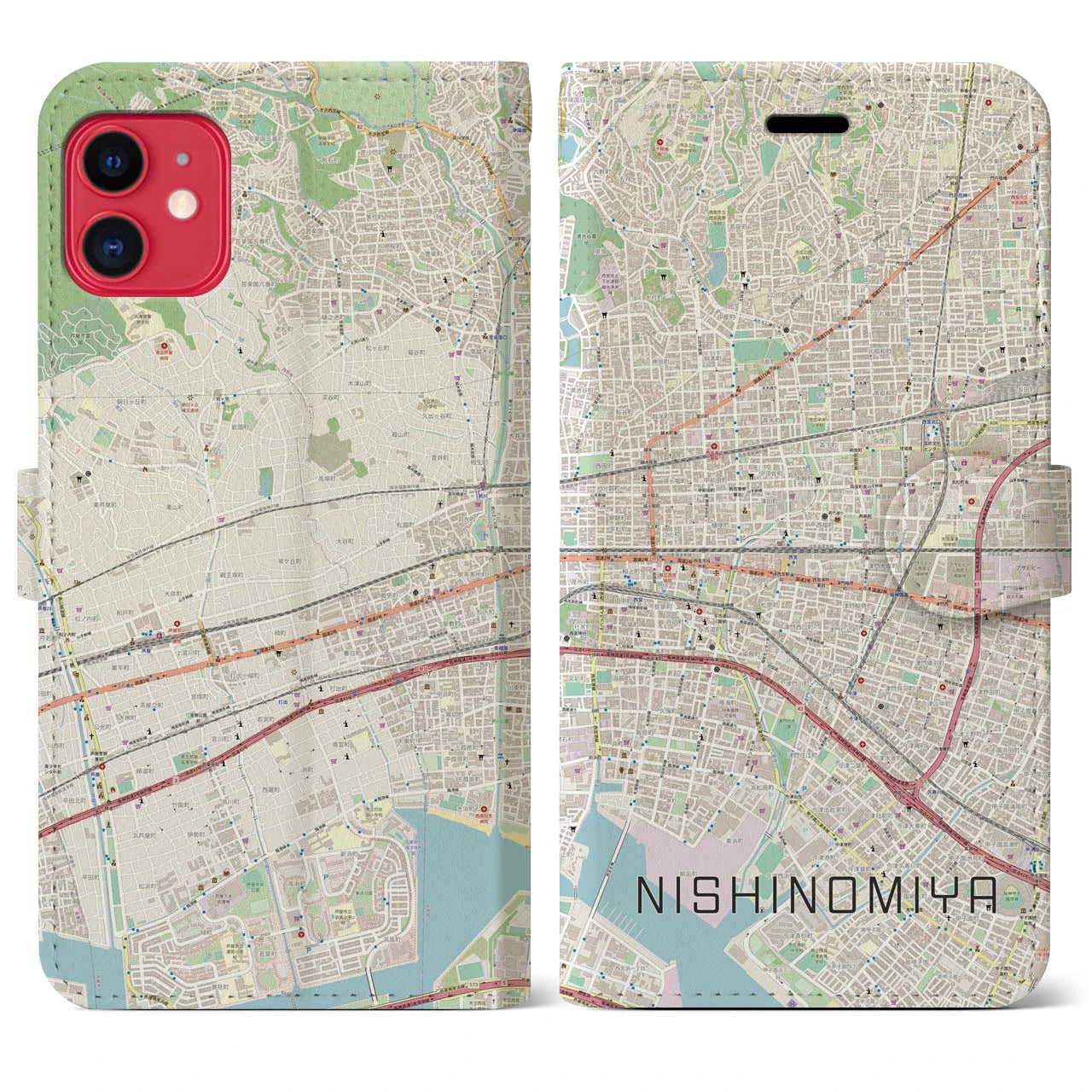 【西宮】地図柄iPhoneケース（手帳両面タイプ・ナチュラル）iPhone 11 用