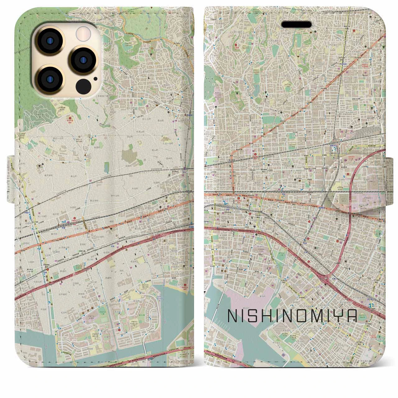 【西宮】地図柄iPhoneケース（手帳両面タイプ・ナチュラル）iPhone 12 Pro Max 用
