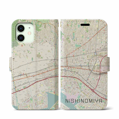 【西宮（兵庫県）】地図柄iPhoneケース（手帳タイプ）ナチュラル・iPhone 12 mini 用