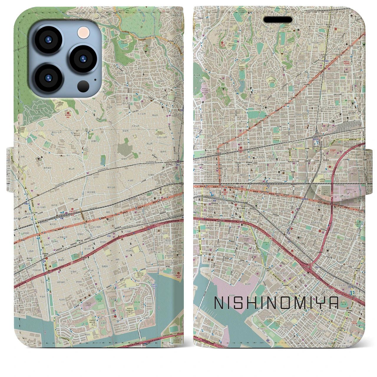 【西宮】地図柄iPhoneケース（手帳両面タイプ・ナチュラル）iPhone 13 Pro Max 用