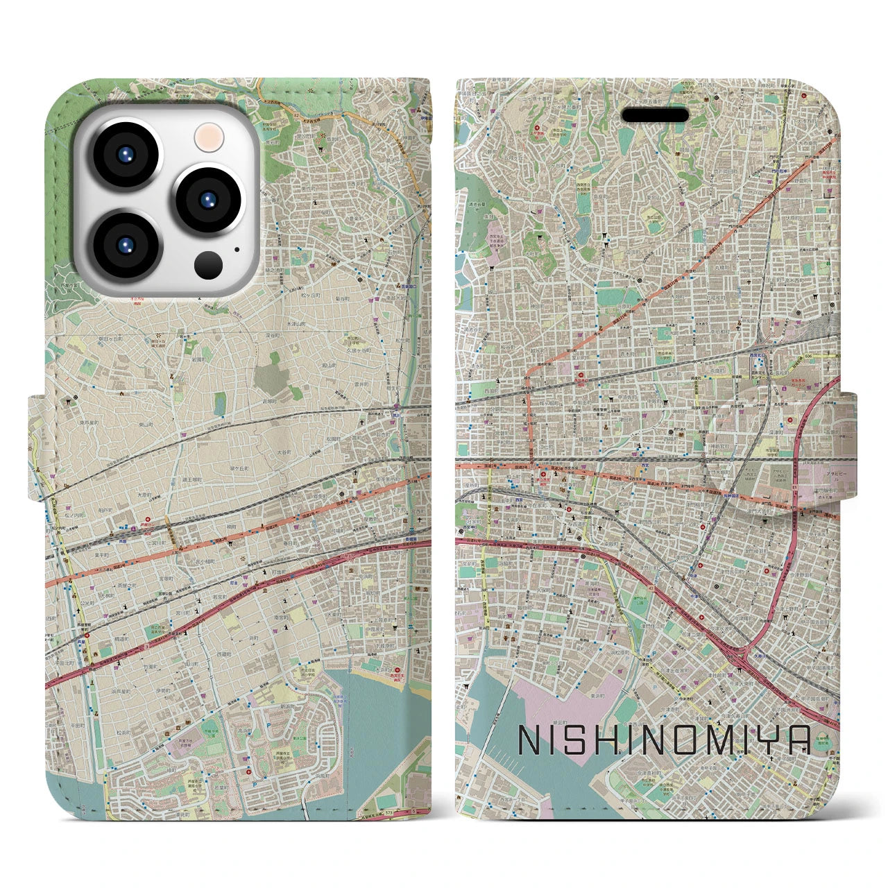 【西宮】地図柄iPhoneケース（手帳両面タイプ・ナチュラル）iPhone 13 Pro 用
