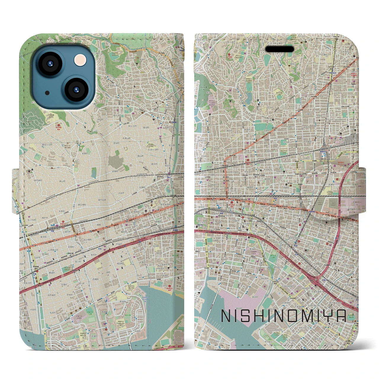 【西宮】地図柄iPhoneケース（手帳両面タイプ・ナチュラル）iPhone 13 用